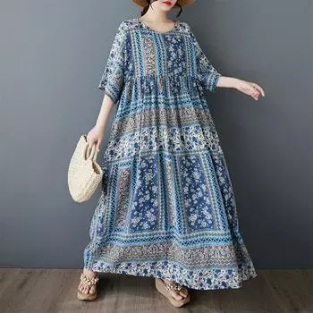 DIMANAF 2025 Плюс Размер Летнее Платье Женщин Цветочный Принт Винтаж Длинное Платье Свободное Повседневное Платье Макси В Богемном Стиле One Size синий