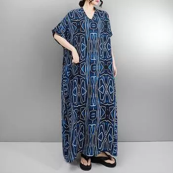 Dimanaf 2025 Плюс Размер Летнее Платье Женщин Печати Винтаж Длинное Платье V-образный Вырез Свободное Повседневное Платье Макси One Size синий