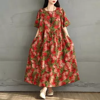 DIMANAF 2025 Летнее платье большого размера Женское повседневное винтажное длинное платье с цветочным принтом Свободное платье-рубашка Макси L