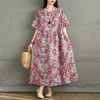 DIMANAF 2025 Летнее платье большого размера Женское повседневное винтажное длинное платье с цветочным принтом Свободное платье-рубашка Макси L фиолетовый