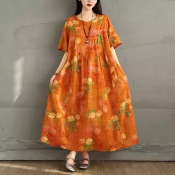 DIMANAF 2025 Летнее платье большого размера Женское повседневное винтажное длинное платье с цветочным принтом Свободное платье-рубашка Макси L оранжевый