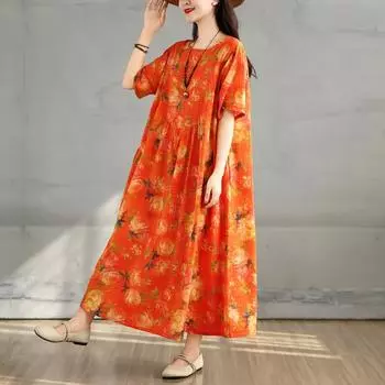 DIMANAF 2025 Летнее платье большого размера Женское повседневное винтажное длинное платье с цветочным принтом Свободное платье-рубашка Макси L оранжевый