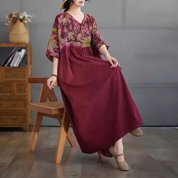 DIMANAF 2025 Плюс Размер Летнее Платье Женщин Цветочный Повседневный Винтаж Длинное Платье Свободный Принт Макси Базовое Красное Платье One Size коричневый