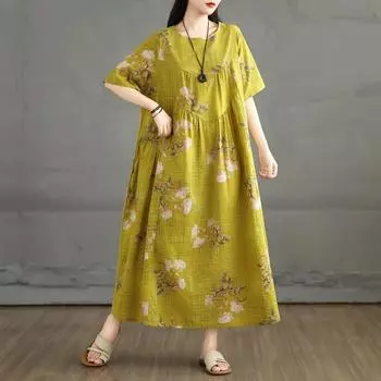 Dimanaf 2025 Плюс Размер Летнее Платье Женщин Новое Винтажное Длинное Повседневное Платье Цветочный Принт Свободное Платье Макси L дубильная кора
