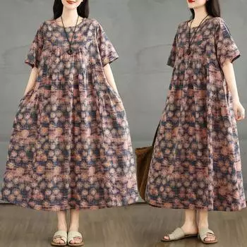 Dimanaf 2025 Плюс Размер Летнее Платье Женское Новое Принтнг Винтаж Длинное Повседневное Платье С О-Образным Вырезом Свободное Платье Макси L синий
