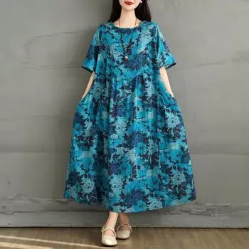 DIMANAF 2025 Летнее платье большого размера Женское повседневное винтажное длинное платье с цветочным принтом Свободное платье-рубашка Макси L синий