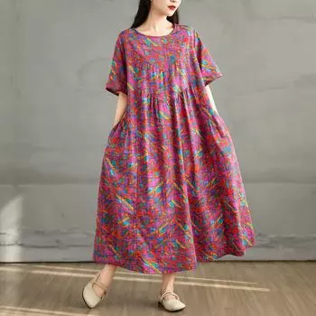 DIMANAF 2025 Летнее платье большого размера Женское повседневное винтажное длинное платье с цветочным принтом Свободное платье-рубашка Макси L