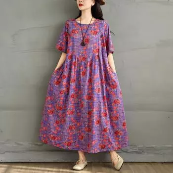 DIMANAF 2025 Летнее платье большого размера Женское повседневное винтажное длинное платье с цветочным принтом Свободное платье-рубашка Макси L фиолетовый