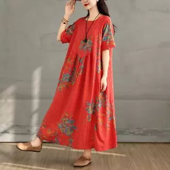DIMANAF 2025 Летнее платье большого размера Женское повседневное винтажное длинное платье с цветочным принтом Свободное платье-рубашка Макси L красный