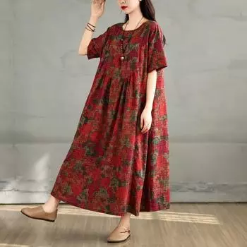DIMANAF 2025 Летнее платье большого размера Женское повседневное винтажное длинное платье с цветочным принтом Свободное платье-рубашка Макси L красный
