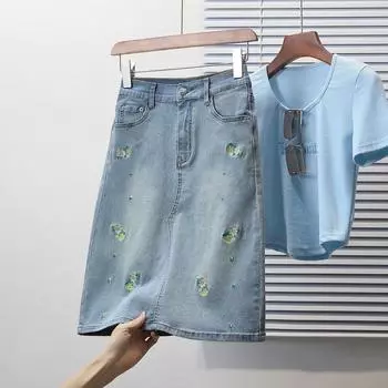 Dimanaf 2025 Плюс Размер Летние Джинсовые Юбки Женская Одежда Синяя Цветочная Мода А-силуэт Джинсовая Юбка Высокая Талия XL синий