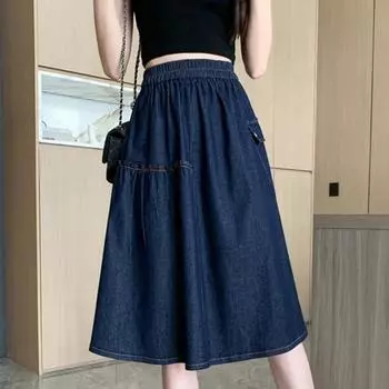 Dimanaf 2025 Плюс Размер Летние Джинсовые Юбки Женские Свободные Эластичные Модные Джинсовые Юбки А-силуэта С Высокой Талией Макси XL темно-синий