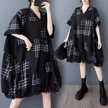 Dimanaf 2025 Плюс Размер Летние Рубашки Платье Женщин Повседневный Винтаж Длинное Платье Свободная Клетчатая Рубашка Платье Макси One Size чёрный