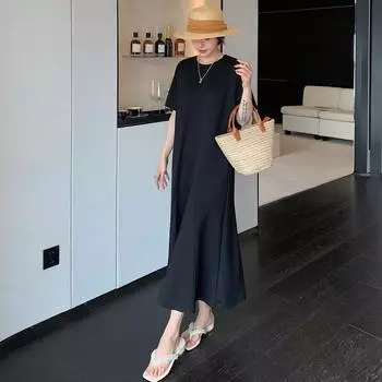 Dimanaf 2025 Плюс Размер Лето Футболка Платье Женское Свободное Винтажное Шоу Тонкий Хлопок Повседневный О-Образный Вырез Однотонный Короткий Рукав Длинное Платье XL чёрный