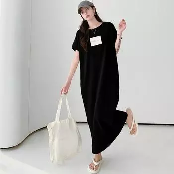 Dimanaf 2025 Плюс Размер Лето Футболка Платье Женская Мода Буквы Печать Пляж Хлопок О-Образным Вырезом Свободные Короткие Рукава Миди Платья XL чёрный