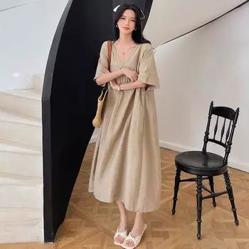 DIMANAF 2025 Плюс Размер Лето Футболка Платье Женское Свободное Показ Тонкий Винтаж Хлопок Повседневный V-образный вырез Половина Рукава Однотонный Длинное Платье XL чёрный