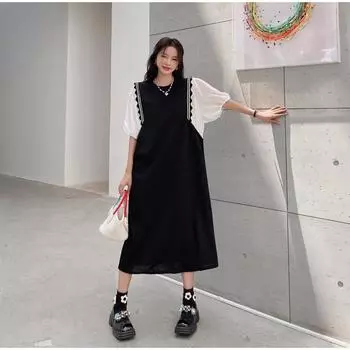 DIMANAF 2025 Плюс Размер Лето Футболка Платье Женщин Сплайсированный Хлопок Свободное Платье Повседневный Женский Винтаж Элегантный Миди Платье XL чёрный