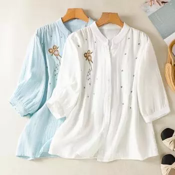 Dimanaf 2025 Плюс Размер Лето Хлопок Футболка Женская O-образный вырез Короткий рукав Свободные пуговицы Топы Новые футболки M синий