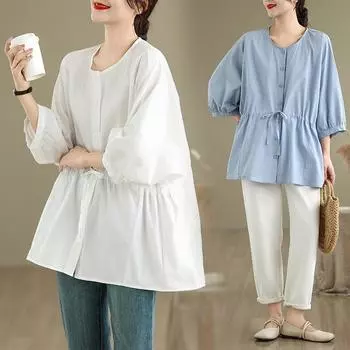 Dimanaf 2025 Плюс Размер Лето Хлопок Футболка Женская О-Образным Вырезом Повседневные Пуговицы Свободные Базовые Топы Новые Футболки M синий