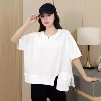 DIMANAF 2025 Плюс Размер Лето Однотонная Белая Футболка Летучая Мышь Женская Короткий Рукав Карманы Пуговицы Свободные Топы Футболки One Size