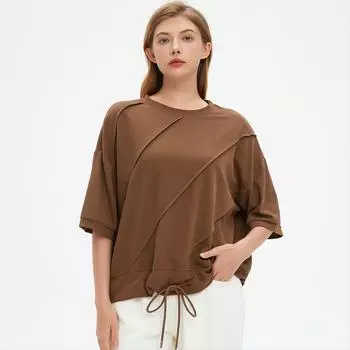 DIMANAF 2025 Плюс Размер Лето Однотонная Летучая Мышь Полосатая Футболка Женская Короткий Рукав Свободные Топы Футболки One Size коричневый