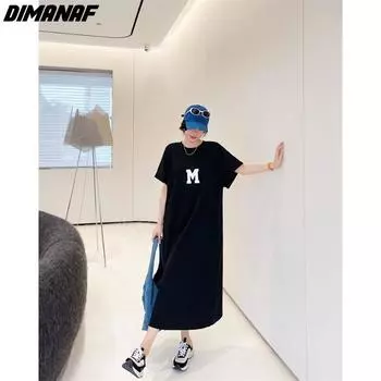 Dimanaf 2025 Плюс Размер Лето Платье-рубашка Женское О-образным Вырезом Модное Хлопковое Длинное Платье Повседневное Свободное Базовое Платье XL чёрный
