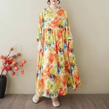 Dimanaf 2025 Плюс Размер Лето Женщин Базовое Платье Цветочный Принт Винтаж Повседневный Свободный Капюшон Длинное Платье Макси One Size жёлтый
