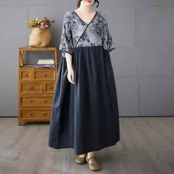 Dimanaf 2025 Плюс Размер Лето Женщин Базовое Платье Винтажный Принт Повседневный Свободный Сплайсированный Длинный Платье Макси One Size серый