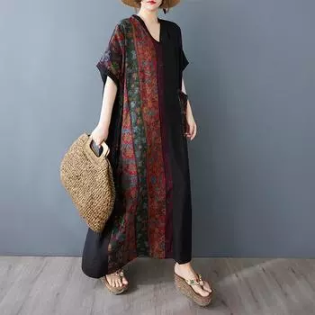 Dimanaf 2025 Плюс Размер Лето Женщин Новое Длинное Платье Винтаж Оверсайз Базовый Повседневный Цветочный Принт Свободный Карман Платье One Size чёрный