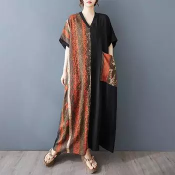 Dimanaf 2025 Плюс Размер Лето Женщин Новое Длинное Платье Винтаж Оверсайз Базовый Повседневный Принт Свободное Платье Карман One Size оранжевый