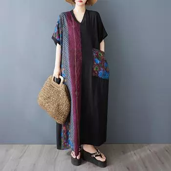 Dimanaf 2025 Плюс Размер Лето Женщин Новое Длинное Платье Винтаж Карман Оверсайз Базовый Повседневный Печать Свободное Платье One Size чёрный