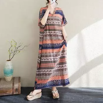 Dimanaf 2025 Плюс Размер Лето Женское Длинное Платье Свободный Оверсайз Повседневный V-образный вырез Базовый Пляжный Винтаж Цветочный Платье One Size оранжевый