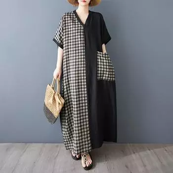 DIMANAF 2025 Плюс Размер Лето Женское Длинное Платье Оверсайз Винтаж Базовый Клетчатый V-образный Вырез Повседневный Свободный Платье One Size чёрный