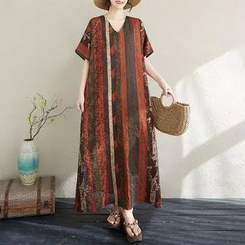 Dimanaf 2025 Плюс Размер Лето Женское Длинное Платье Винтаж Оверсайз Базовый Повседневный Принт V-образный Вырез Свободное Платье One Size красный
