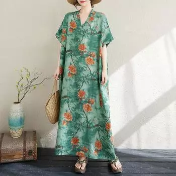 Dimanaf 2025 Плюс Размер Лето Женское Длинное Платье Свободное Оверсайз Повседневное Базовое Винтажное Цветочное Платье с V-образным вырезом One Size зелёный