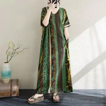 Dimanaf 2025 Плюс Размер Лето Женское Длинное Платье Оверсайз Базовый Винтаж Полосатый Повседневный Принт V-образный Вырез Свободное Платье One Size зелёный