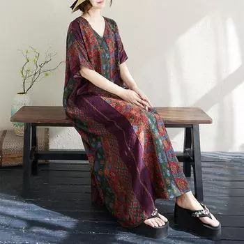 Dimanaf 2025 Плюс Размер Лето Женское Длинное Платье Оверсайз Винтаж Повседневный Цветочный Принт V-образный Вырез Базовое Свободное Платье One Size кларет