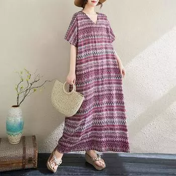 Dimanaf 2025 Плюс Размер Лето Женское Длинное Платье Винтаж Оверсайз Базовый Повседневный Принт Свободное Платье One Size фиолетовый