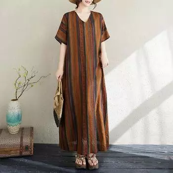 Dimanaf 2025 Плюс Размер Лето Женское Длинное Платье Оверсайз Винтаж Повседневный Полосатый Принт V-образный Вырез Базовое Свободное Платье One Size коричневый