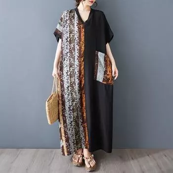 Dimanaf 2025 Плюс Размер Лето Женское Длинное Платье Оверсайз Винтаж Базовый Карман V-образный Вырез Повседневный Печать Свободное Платье One Size чёрный