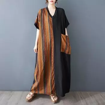 Dimanaf 2025 Плюс Размер Лето Женское Длинное Платье Винтаж Базовый Карман Оверсайз V-образный Вырез Повседневный Печать Свободное Платье One Size чёрный