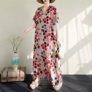 Dimanaf 2025 Плюс Размер Лето Женское Длинное Платье Оверсайз Короткий Рукав Свободный Повседневный Базовый Горошек Принт Винтажное Платье One Size розовый