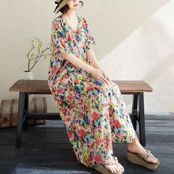 DIMANAF 2025 Летнее женское длинное платье большого размера Винтажное оверсайз базовое повседневное платье свободного кроя с цветочным принтом One Size розовый