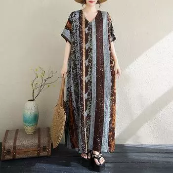 Dimanaf 2025 Плюс Размер Лето Женское Длинное Платье Оверсайз Базовый Винтаж Повседневный Полосатый Принт V-образный Вырез Свободное Платье One Size серый