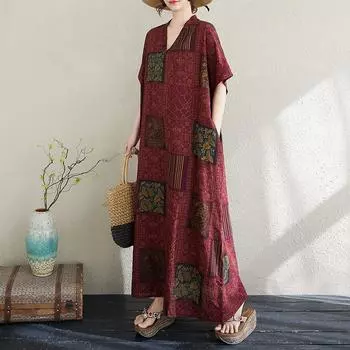 Dimanaf 2025 Плюс Размер Лето Женское Длинное Платье Свободное Оверсайз Повседневное V-образный вырез Базовый Пляж Винтажное Платье One Size бордовый