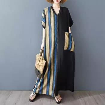 Dimanaf 2025 Плюс Размер Лето Женское Длинное Платье Оверсайз Винтаж Базовый Повседневный Свободный Платье В Полоску V-образным Вырезом One Size чёрный