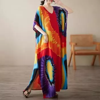 Dimanaf 2025 Плюс Размер Лето Женское Платье Платье Оверсайз Базовый Винтаж Повседневный Свободный Макси V-образный вырез Праздник XL красный