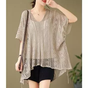 DIMANAF 2025 Плюс Размер Новая Футболка Женская Трикотажная Летучая Мышь Рукав V-образный вырез Полый Летний Стиль Базовые Топы Футболки Свободная Одежда one size белый