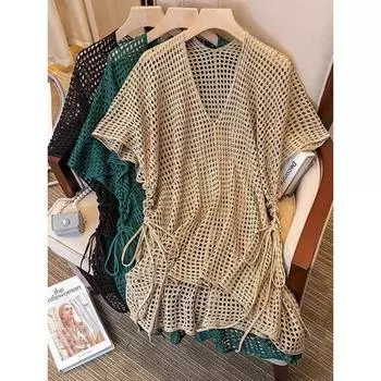 Dimanaf 2025 Плюс Размер Новая Футболка Женская Трикотажная Летучая Мышь Рукав V-образный вырез Полый Летний Стиль Топы Футболки Свободная Одежда One Size чёрный