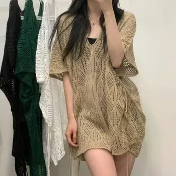 DIMANAF 2025 Плюс Размер Новая Футболка Женская Трикотажная Летучая Мышь Рукав V-образный вырез Полые Летние Базовые Топы Футболки Свободная Одежда One Size